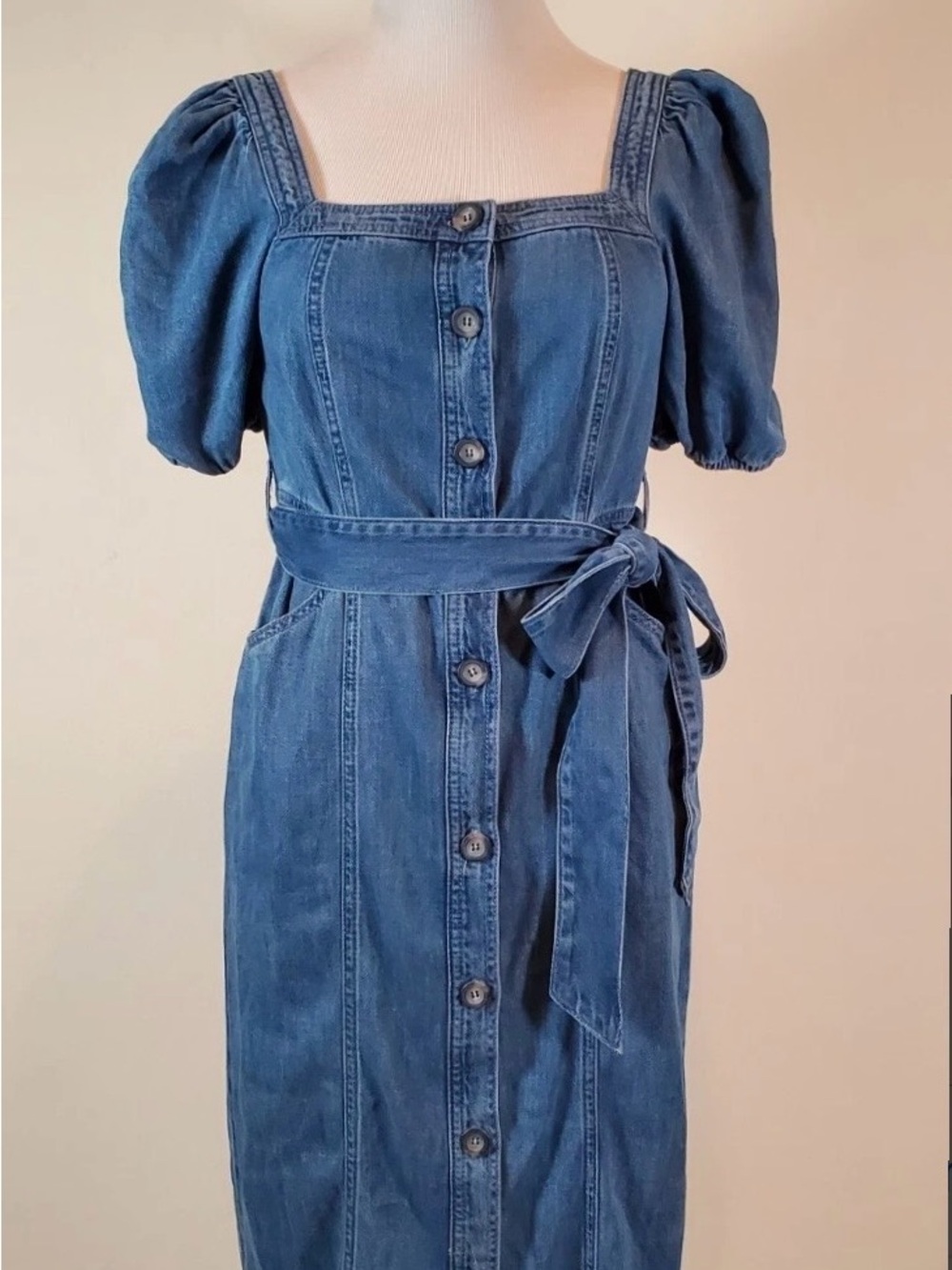 Boden Denim Button-Front Midi Dress with Puff Sleeve and Waist Tie 6R